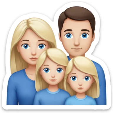 Family portrait with father with dark brown hair and blue eyes, mother with light brown hair and blue eyes, three blonde little girls with blue eyes sticker