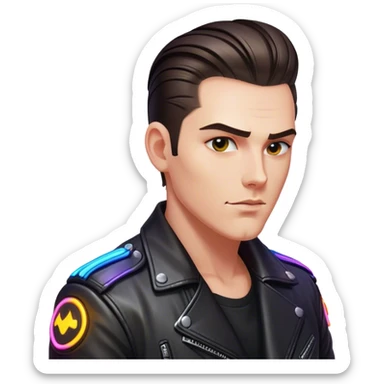 A lone biker with slicked-back hair, wearing a leather jacket, his face partially lit by neon lights sticker