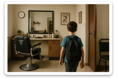 Sartaroshxonaga kirib kelayotgan bola sartaroshxona unchalik eski emas ammo yangi ham emsa sticker