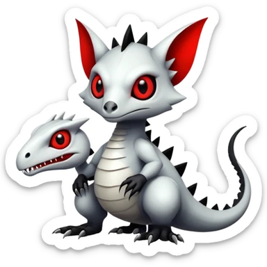 a white exotic edgy vernid-fionbr-Fakémon-creature, with black belly and red eyes, full body sticker