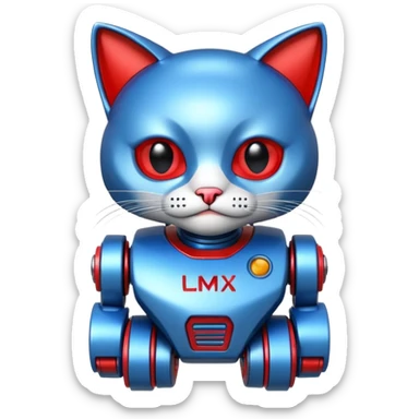 generate robot cat, glossy, realstic, red and blue color, add text on chest "LMX" sticker