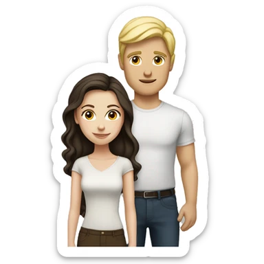 white girl with dark brown hair next to a blonde heard man sticker