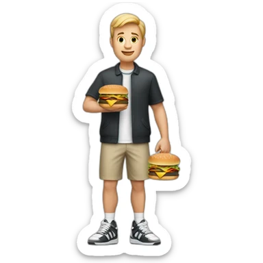 a white man with black short holding two burgers wearing sneakers sticker