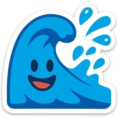 playful wave emoji, exaggerated splash, vibrant blue, cheerful expression sticker