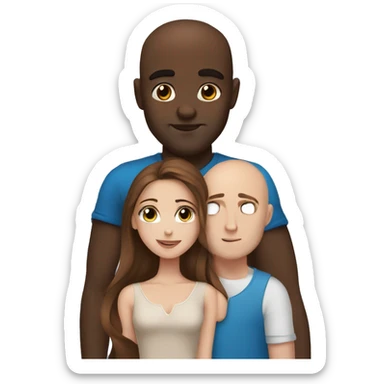 Beautiful Girl with blue eyes and long brown hair and boy with brown hair cuddling, Bald black man  sticker