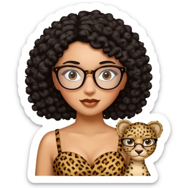 A women who wears glasses with a black curly hair, in a leopard print dress sweetheart neckline  sticker
