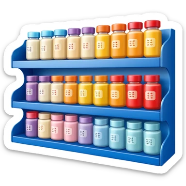Japanese brand creams displayed on a storage shelf, arranged with horizontal variation and vertical consistency. sticker
