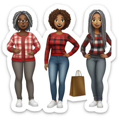 One Curvy woman gray locs in pants shopping.  The other curvy woman is brown with red locs in a skirt with plaid sweater shopping sticker