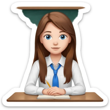 high school class room with a pretty female high school student with long brown hair, blue eyes sitting in front of the blackboard sticker