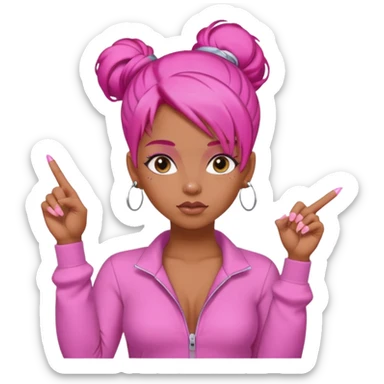Brownskin girl , pink hair , edges ,  sassy looking pointing at the sky while pouting, pink nails, hair a slick back bun, with a pink jumpsuit  sticker