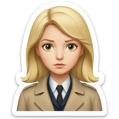 detective woman in long coat, blond hair, white skin sticker