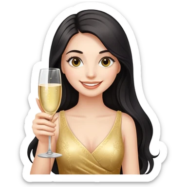 Smiling girl with long dark hair and bold eyelashes holding champagne glass sticker