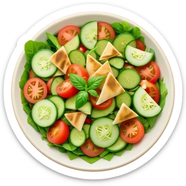Cinematic Realistic Fattoush Salad Dish Emoji, depicted as a colorful medley of greens, tomatoes, cucumbers, and crispy pita rendered with vibrant textures and refreshing lighting. sticker