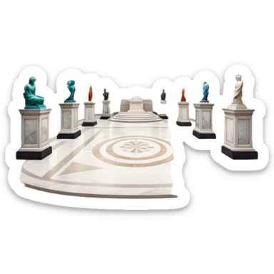 An icon featuring an elegant art gallery with classic paintings hanging on the walls, and sculptures displayed on pedestals. Visitors admire the exhibits, capturing the essence of culture, history, and art. Set against a transparent background. sticker