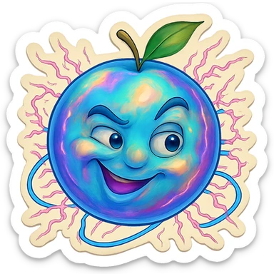 Refine this emoji to clearly look like a planet: keep the opal-like iridescent texture, wild electric energy, and playful, eccentric face, but emphasize a round planetary shape with visible rings and planetary features. Keep the background transparent. sticker