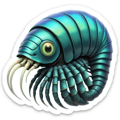 An iridescent, chitinous trilobite with glowing cyan eyes pulses rhythmically as a miniature black hole orbits its brow, distorting space-time. Its fractal-patterned exoskeleton shifts colors unsettlingly, and its mouth opens into a spiraling void that hums with forgotten whispers.







 sticker