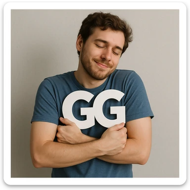 The person in the image is holding the GG sign pressed to their chest as if hugging it, the person remains the same. sticker