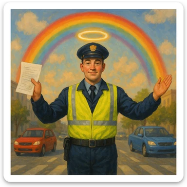 A traffic officer with a glowing halo, rainbow behind him, arms wide: one hand has paperwork, the other hand has cars moving freely. sticker