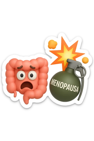 EMOJI STILE IPHONE 3D DI INTESTINO 3D CON ESPRESSIONE SPAVENTATA IN VOLTO MENTRE ACCANTO A LUI SCOPPIA UNA GRANATA 3D CON LA SCRITTA "MENOPAUSA" SOPRA, FAGLI ANCHE LA PARTE BIANCA DEGLI OCCHI, NON SOLO LA PUPILLA sticker