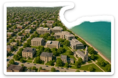 cinematic realistic emoji of Evanston, Illinois city view with a large, prominent Lake Michigan forming the entire eastern edge of the image, Northwestern University campus clearly visible and adjacent to the lake, Sigma Chi International Fraternity Headquarters and Levere Memorial Chapel (Sigma Alpha Epsilon HQ) as recognizable buildings, no downtown, lifelike detail, accurate colors, bright daytime, no sky, no clouds sticker