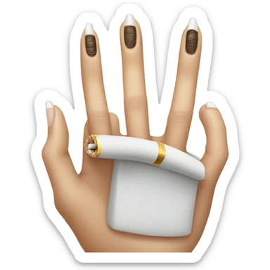 A hand with long manicured nails and a ring on every finger, holding a cigarette  sticker