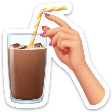 chocolat froid dans un grand verre avec une paille tenue par le bout d'une jolie main de femme avec une belle manucure Style Pinterest ultra réaliste Avec une bordure blanche IOS sticker