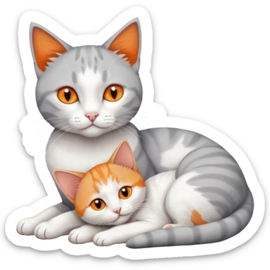 full body of a grey and white cat cuddling a very small + skinny ginger and white kitten with deep orange eyes and triangular shaped face lying down sticker