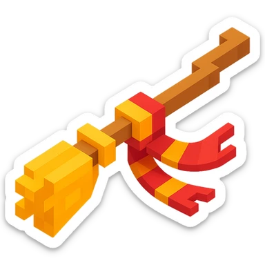 3D Minecraft-style voxel emoji of a flying broomstick with a scarf, inspired by Harry Potter, blocky and cubic sticker