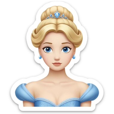 Cinematic Realistic Noble Cinderella Portrait, depicted with porcelain skin rendered in lifelike detail and soft, natural lighting that highlights every delicate nuance. Her intricately styled golden-blonde hair is arranged in an elegant updo, and her deep, expressive blue eyes radiate quiet determination. She wears her classic ball gown with rich fabric textures and delicate folds catching the light beautifully, all set against a subtly glowing, natural background that captures the essence of timeless royal grace. sticker