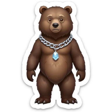 Dark chocolate brown grizzly bear shown from head to tail, standing on four legs, realistic appearance, serious face, ice chain collar, complete body sticker