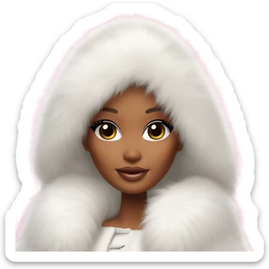 Barbie in an extremely big fluffy oversized white fur coat with hood on. The fur is real and it’s very obvious big and fluffy like in Pinterest  sticker