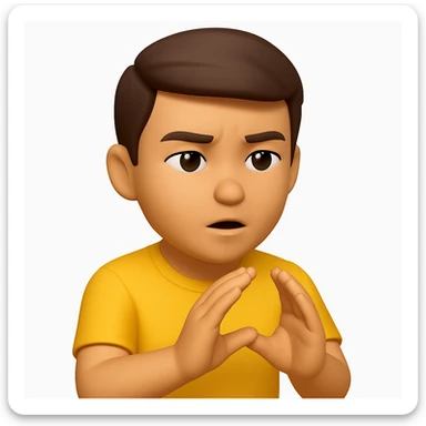 A 3D emoji in iOS emoji aesthetic style of a cartoon person holding both hands close together in front of their body, palms facing each other to show a narrow space or small distance, with a focused or explaining expression, glossy Apple-style rendering, clean white background sticker