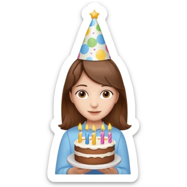 Girl with brown hair holding birthday cake and has birthday hat on head  sticker