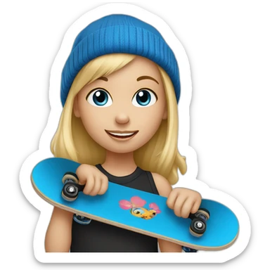 Little blond girl with blue beanie on black skateboard sticker