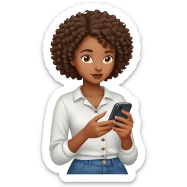 Black girl with edges and curly hear texting on a phone sticker