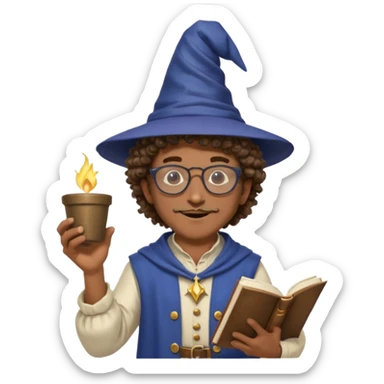 A Joyful Adult Male with Brown skin and Curly hair, wearing a Traditional outfit, a Wizard hat, Sunglasses, carrying a Spellbook, working as a farmer, while drinking Coffee and reading a Textbook. sticker