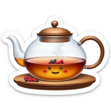 A cinematic realistic emoji with an attractive image of a steaming transparent teapot with a wooden lid filled with tea with berries, rich texture and warm, festive lighting. sticker