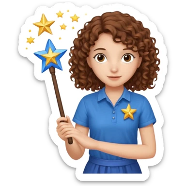 A girl with brown curly hair with a magic wand in her hand, with a star at the end of the wand, a girl wearing a blue shirt sticker
