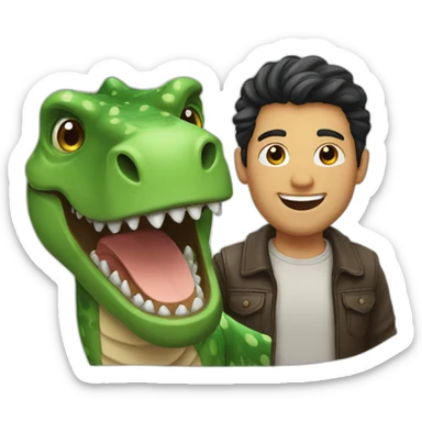 nice man with green eyes, dark hair, smiling with a dinosaur sticker