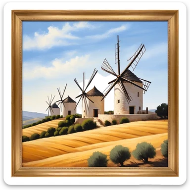 ​Cinematic Realistic Spanish Windmills (Mota del Cuervo), depicted as a cluster of gracefully aged windmills with weathered whitewashed facades and rustic wooden sails, standing proudly on a sunlit, rolling hillside of golden fields and olive groves, rendered with intricate textures and soft natural lighting that captures the timeless rural charm and historical significance of the Spanish landscape, sticker