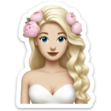 White bride with long light blonde hair and blue eyes with light pink peonies in hair white skin  sticker