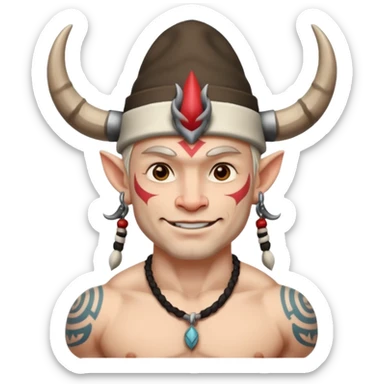 Man white skin with horned hat — tribal tattoos, smirk. sticker