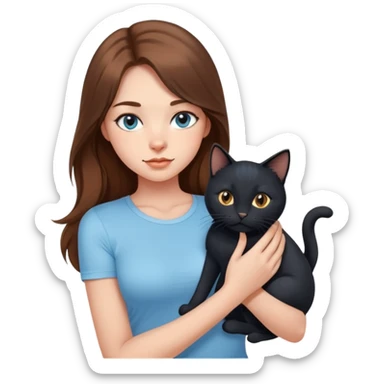 A sexy girl with long hair wearing a light blue tight short-sleeved shirt holding a black cat sticker