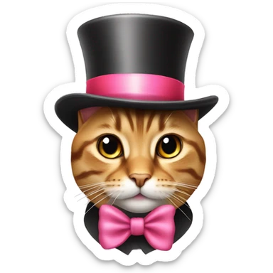 A tabby cat wearing a top hat that’s pink with a. Red bow sticker