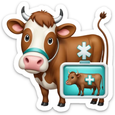Emoji-style icon of a cow and buffalo with a medical cross and scan frame overlay, representing disease detection and health analysis. Friendly, clean, rounded design, clear at small sizes, teal and white accents, no text, transparent background. sticker