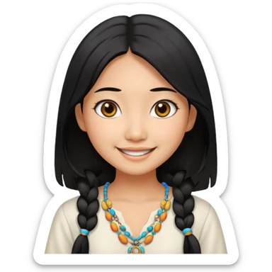 30 yr old asian woman center parted hair big eyes big smile tanned skin straight black hair hippie part hair white blouse sticker