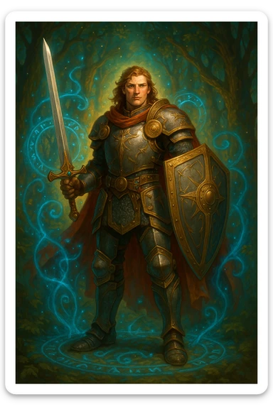 A heroic fantasy character inspired by classic fantasy systems, standing confidently with a sword and shield, wearing armor, in a magical setting sticker