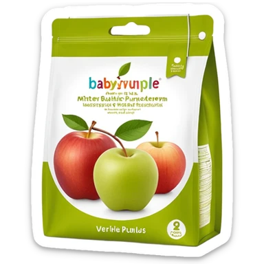 Ein weicher, bunter Standbeutel für Kinder, gefüllt mit püriertem Obstmus. Oben hat er einen kleinen wiederverschließbaren Schraubverschluss, aus dem Kinder direkt trinken oder saugen. Verpackung wie Babynahrung-Beutel aus dem Supermarkt, mit fröhlichem Obst-Design (Apfel, Banane, Erdbeere). sticker