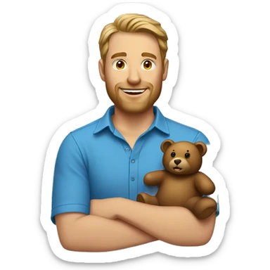 blue shirt portrait of man holding bear sticker