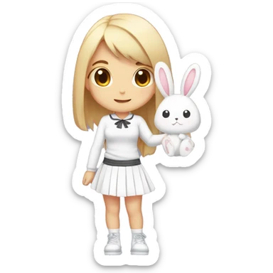 /anime, A chibi female girl with long hair in a ponytail holding a sign saying "Hi" Wearing a kawaii skirt and white kawaii top with a bunny hairclip sticker